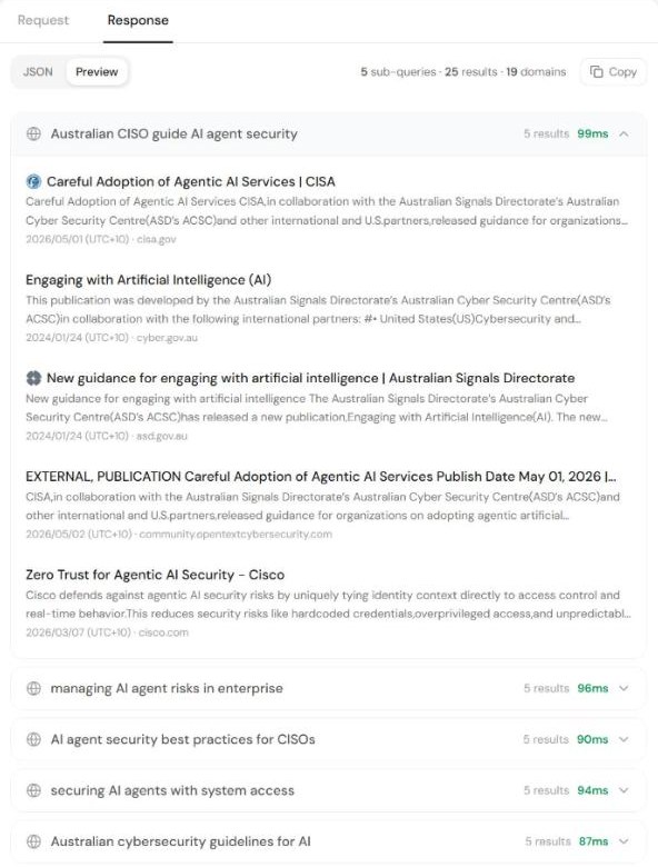 Octen Broad Search splitting one question into five searches, with ASD and CISA guidance at the top