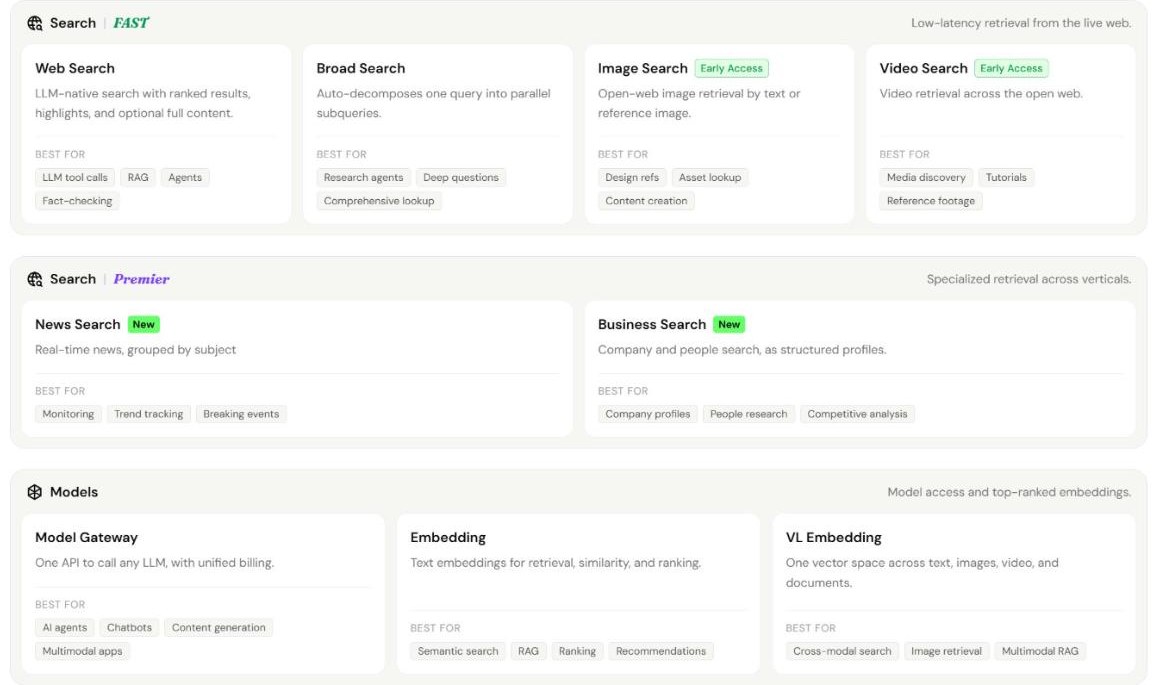 The Octen console's overview page, listing its search, model and embedding products