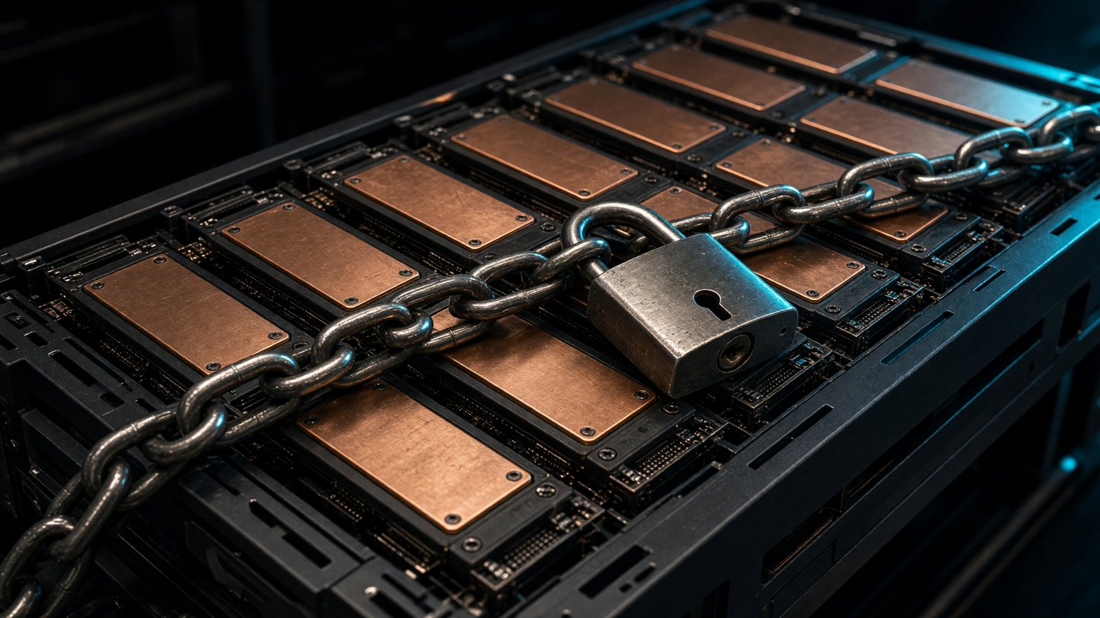 Illustration: a GPU server tray with a heavy chain and padlock across it.